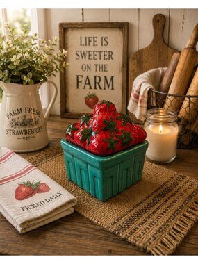 New Farmhouse Garden Basket Of Fresh Strawberries Fruit Food Candle Decor
